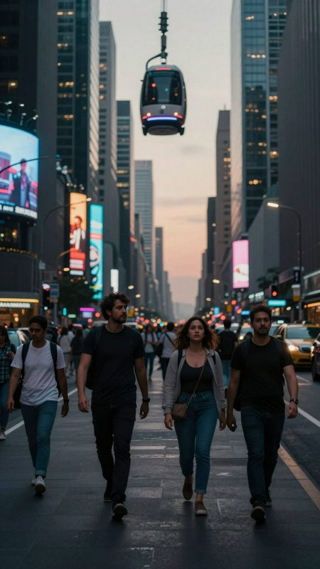 People walk on a busy city street at dusk as a hanging tram glides above amid skyscrapers.