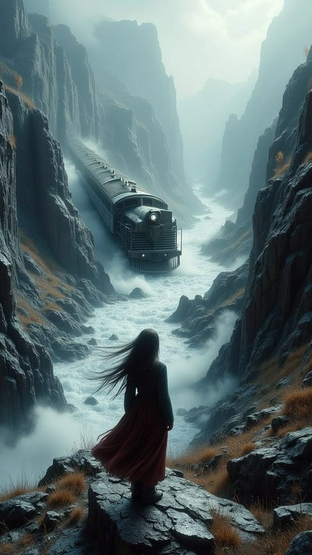 Back view of long-haired woman on a cliff watching a floating vintage train travel through a mist...