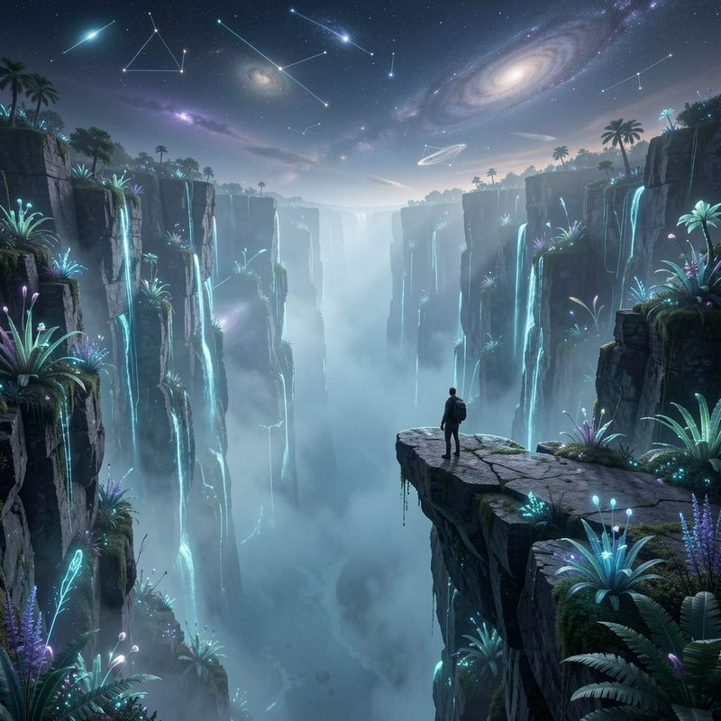 Lone explorer stands on a rocky cliff edge overlooking a glowing misty alien canyon under a starr...