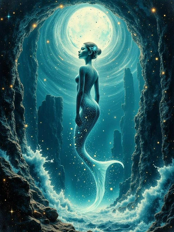 Ethereal glowing mermaid floats framed by a rocky sea cave arch, gazing up at a luminous full moo...