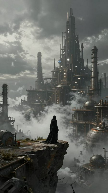 Hooded figure in a black cloak stands on a cliff edge overlooking a mist-shrouded sprawling steam...