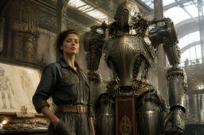 Confident female steampunk engineer stands beside an ornate towering brass automaton in a sunlit ...