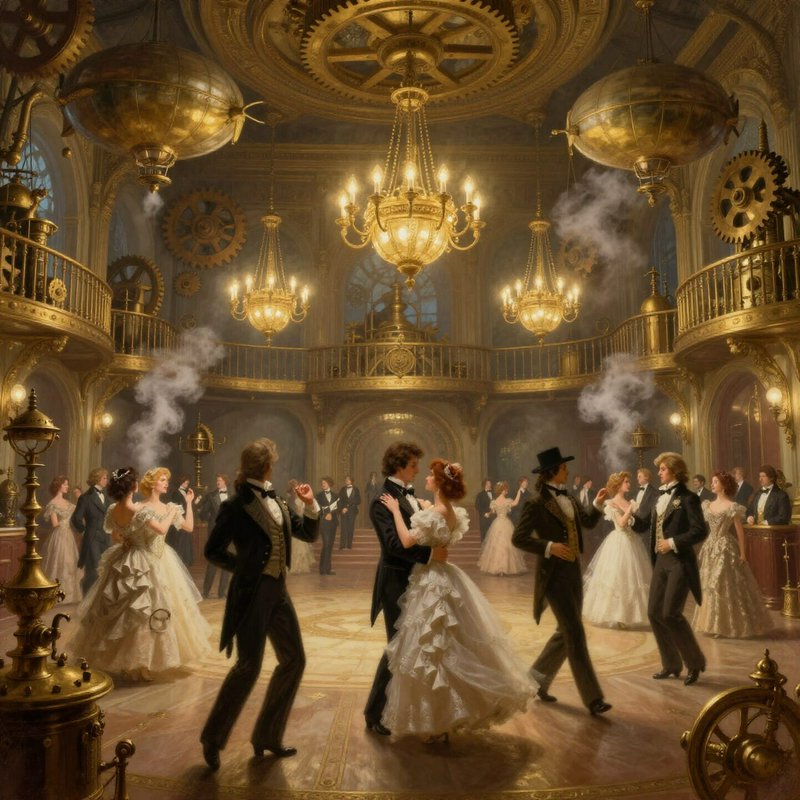 Ornate steampunk Victorian ballroom, formally dressed couples waltzing beneath glowing chandelier...