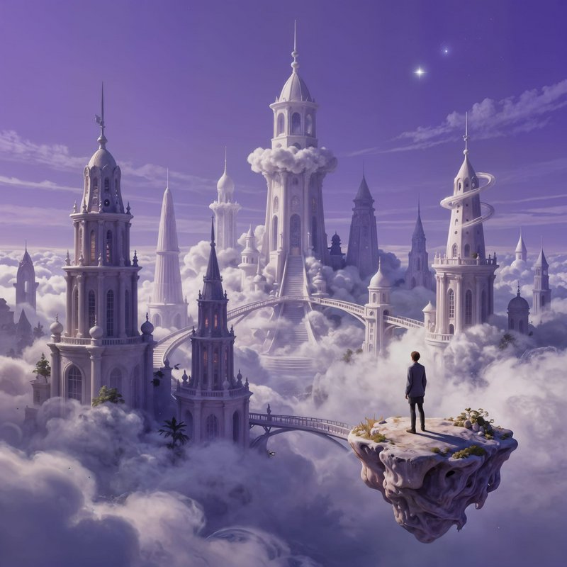 Lone figure on a floating rock gazes at an ornate fantasy castle city rising above clouds under a...
