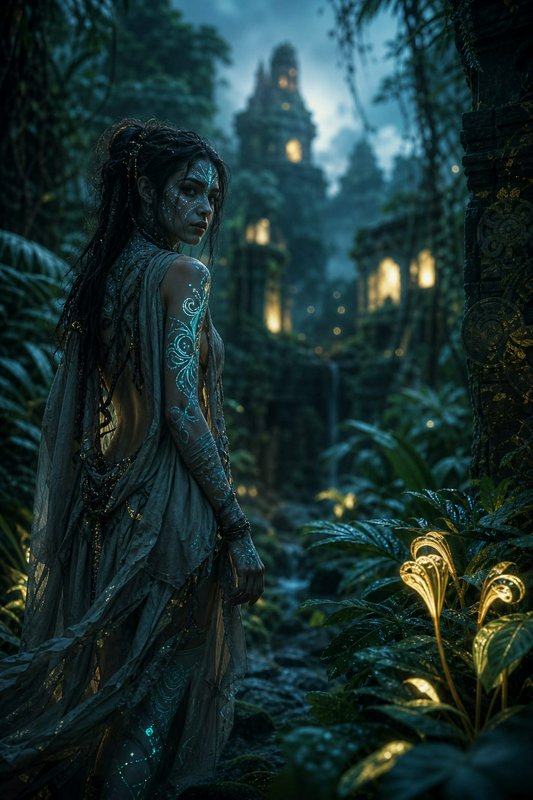 Mystical fantasy woman with glowing rune markings stands in misty overgrown ancient jungle temple...