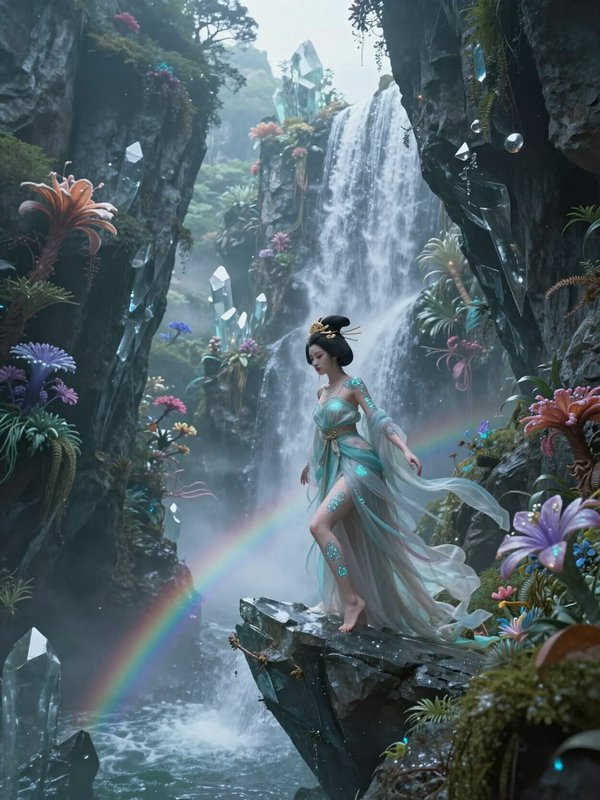 Ethereal East Asian fantasy goddess in flowing turquoise robes stands on a cliff beside a misty w...