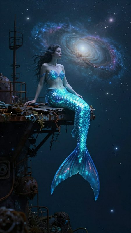 Iridescent glowing blue mermaid sits on sunken ship wreck beneath a swirling spiral galaxy in sta...
