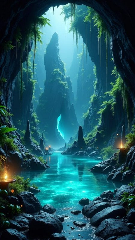 View from a cave opening of a glowing turquoise underground river, misty karst spires, lush hangi...