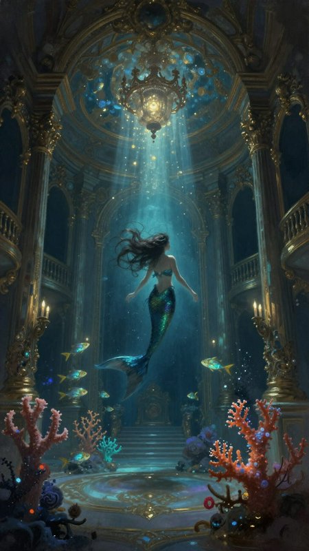 A dark-haired mermaid swims upward inside an ornate gilded underwater palace, lit by glowing chan...