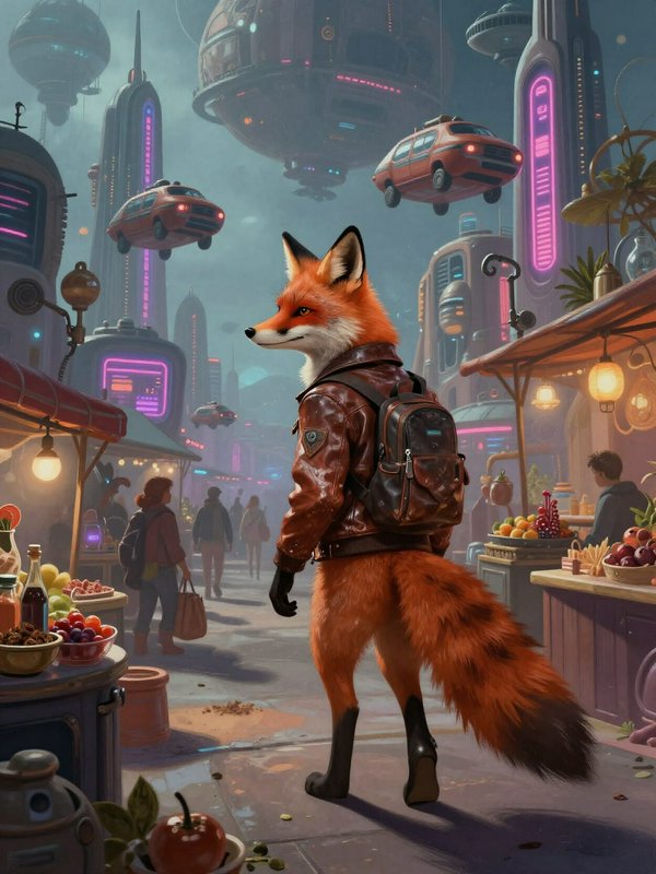 Anthropomorphic red fox in a leather jacket stands in a bustling neon cyberpunk street market wit...