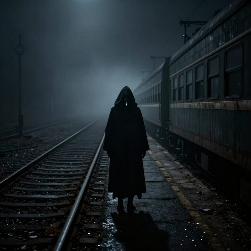 Shadowy hooded masked figure standing on a foggy abandoned train station platform beside an old v...