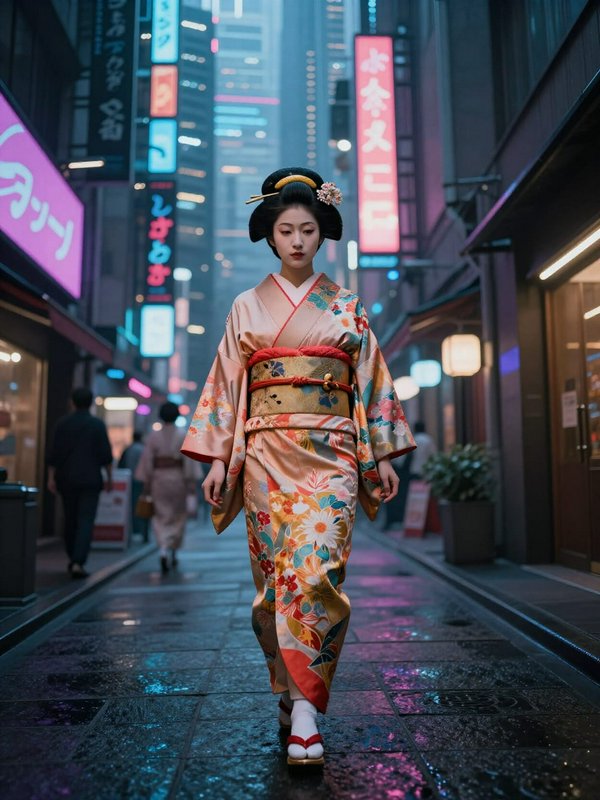 Geisha in ornate floral kimono walks down a wet neon-lit Tokyo alley at twilight