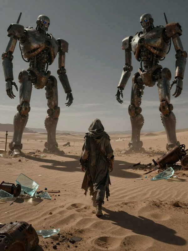 Hooded post-apocalyptic wanderer approaches two towering rusted humanoid robots in a debris-strew...