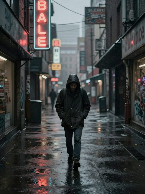 Hooded man walks down a rain-soaked foggy urban alley lined with glowing neon store signs on a ra...