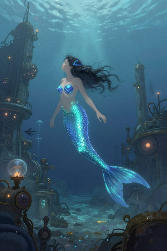 Illustrated glowing blue-scaled mermaid swims serenely above a detailed steampunk underwater city...
