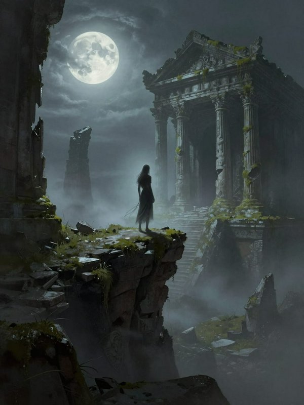 Silhouetted woman stands on a mossy crumbling cliff edge, gazing at overgrown ancient temple ruin...