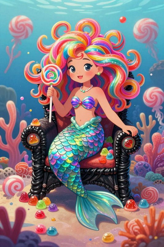Cute chibi rainbow-haired candy mermaid sits on an underwater throne holding a swirled lollipop s...