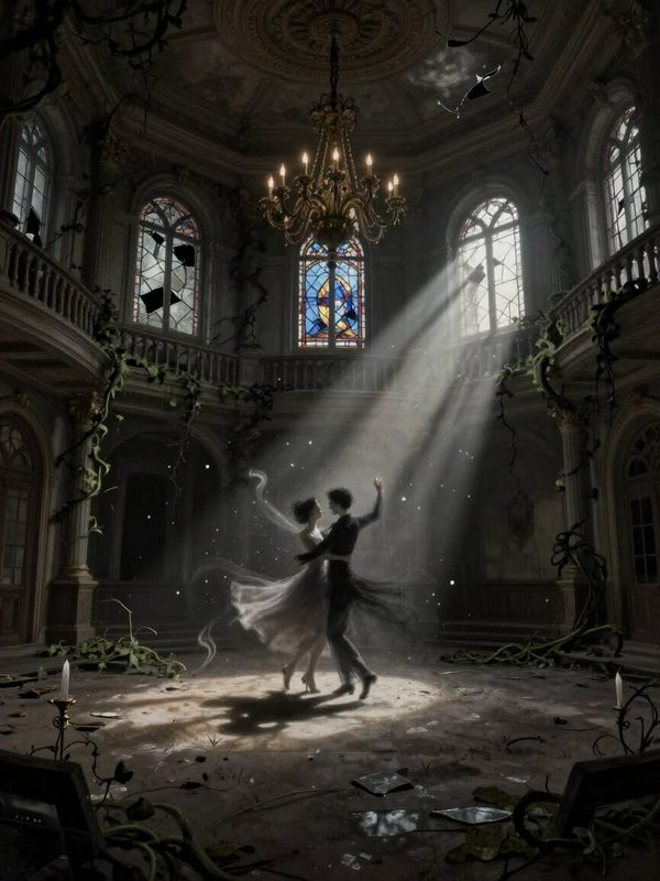 Ghostly translucent couple waltzes in sunbeams inside a crumbling, vine-covered abandoned mansion...