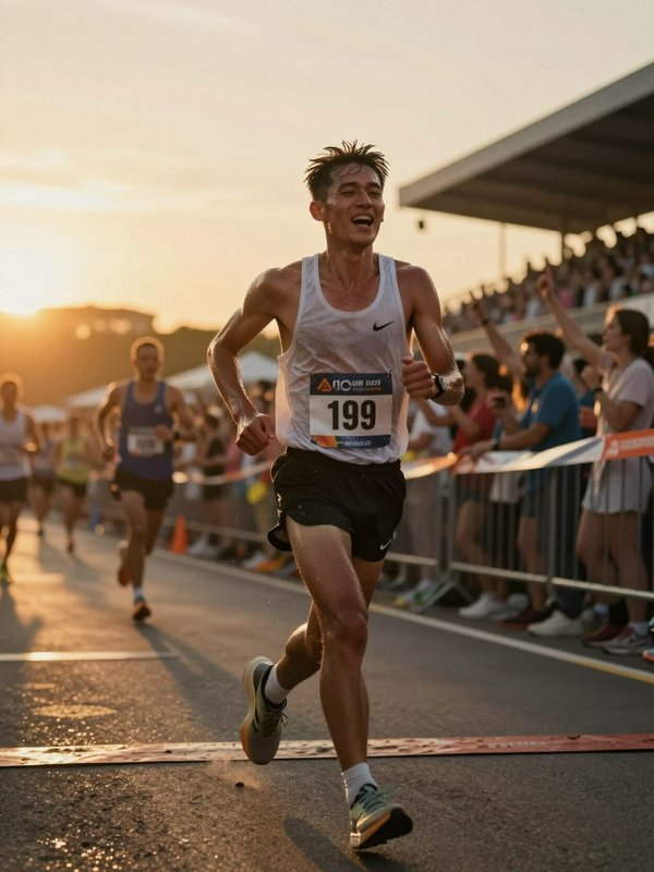 Male runner with bib 199 smiles while crossing the marathon finish line, lit by warm golden sunse...