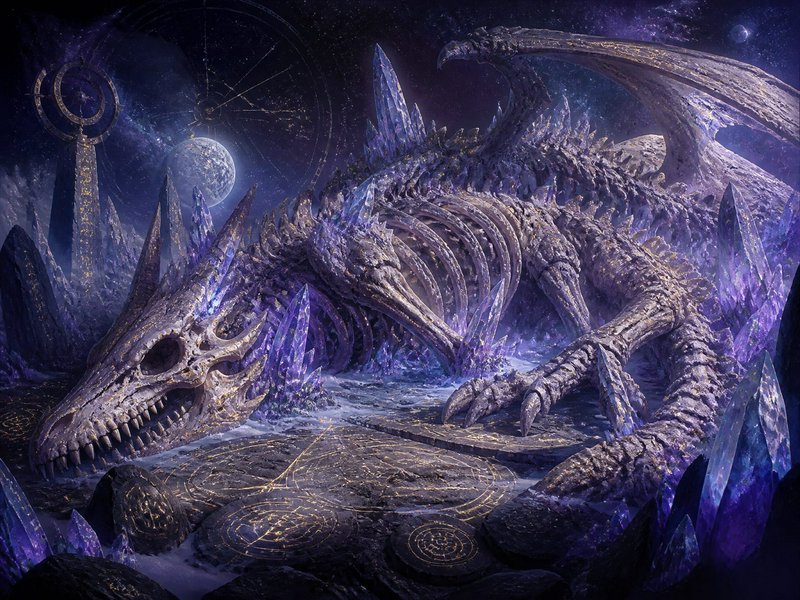 Colossal skeletal crystal dragon rests on rune-etched stone in a starry purple cosmic cavern surr...