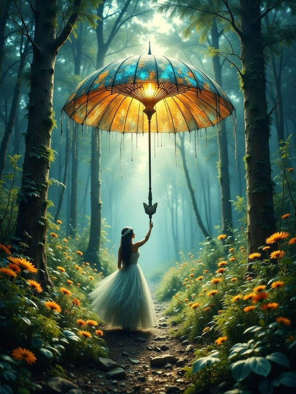Ethereal woman in a flowing tulle gown holds a large glowing magical umbrella on a misty wildflow...