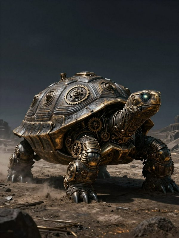 Ornate steampunk mechanical brass turtle standing on dusty barren wasteland under a dark moody sky