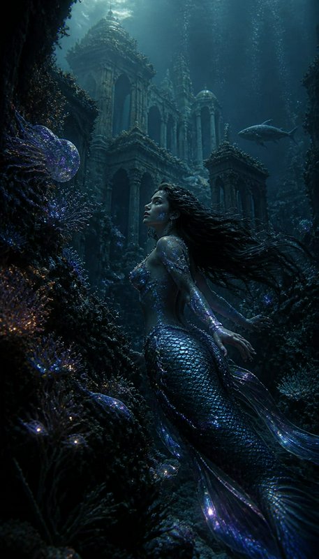 Iridescent scaled mermaid swims past glowing coral before sunken ancient underwater palace ruins