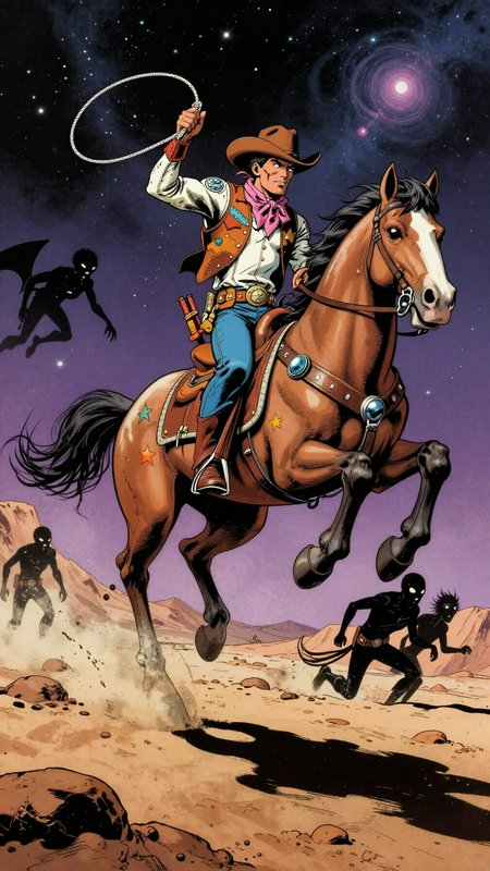 Retro comic art of a heroic space cowboy on a rearing horse swinging a lasso, confronting shadow ...