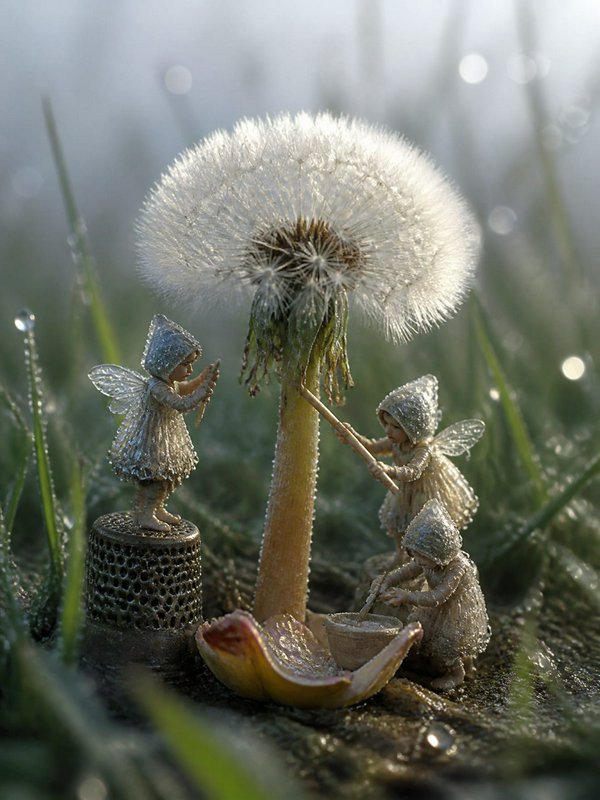 Close up of tiny dew-covered winged fairy figurines tending a fluffy dandelion puff in misty dewy...