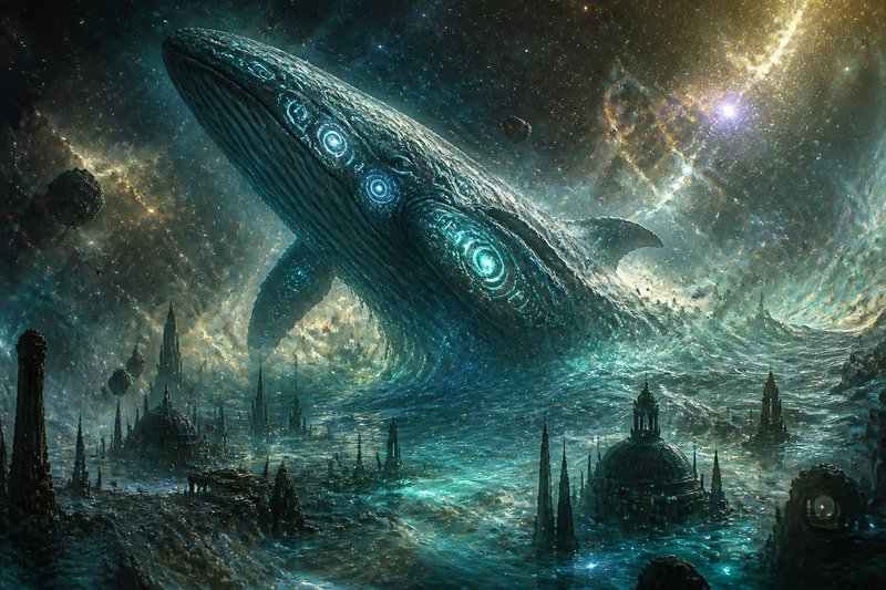 Giant glowing cosmic leviathan whale rises from a space ocean above submerged ancient ruins under...