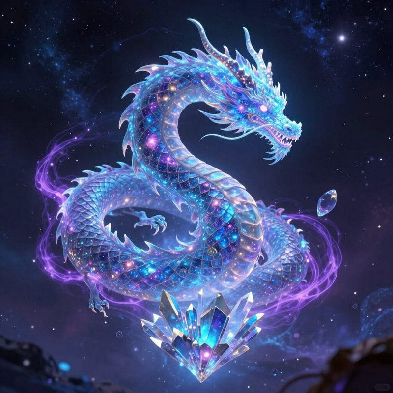 Luminous translucent cosmic eastern dragon hovering above a glowing crystal cluster against a sta...