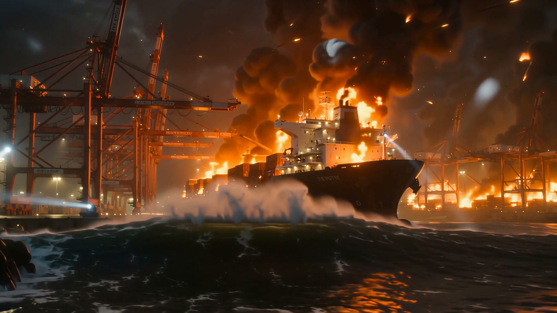 Fiery port scene with a large cargo ship amid explosions and thick smoke at night.