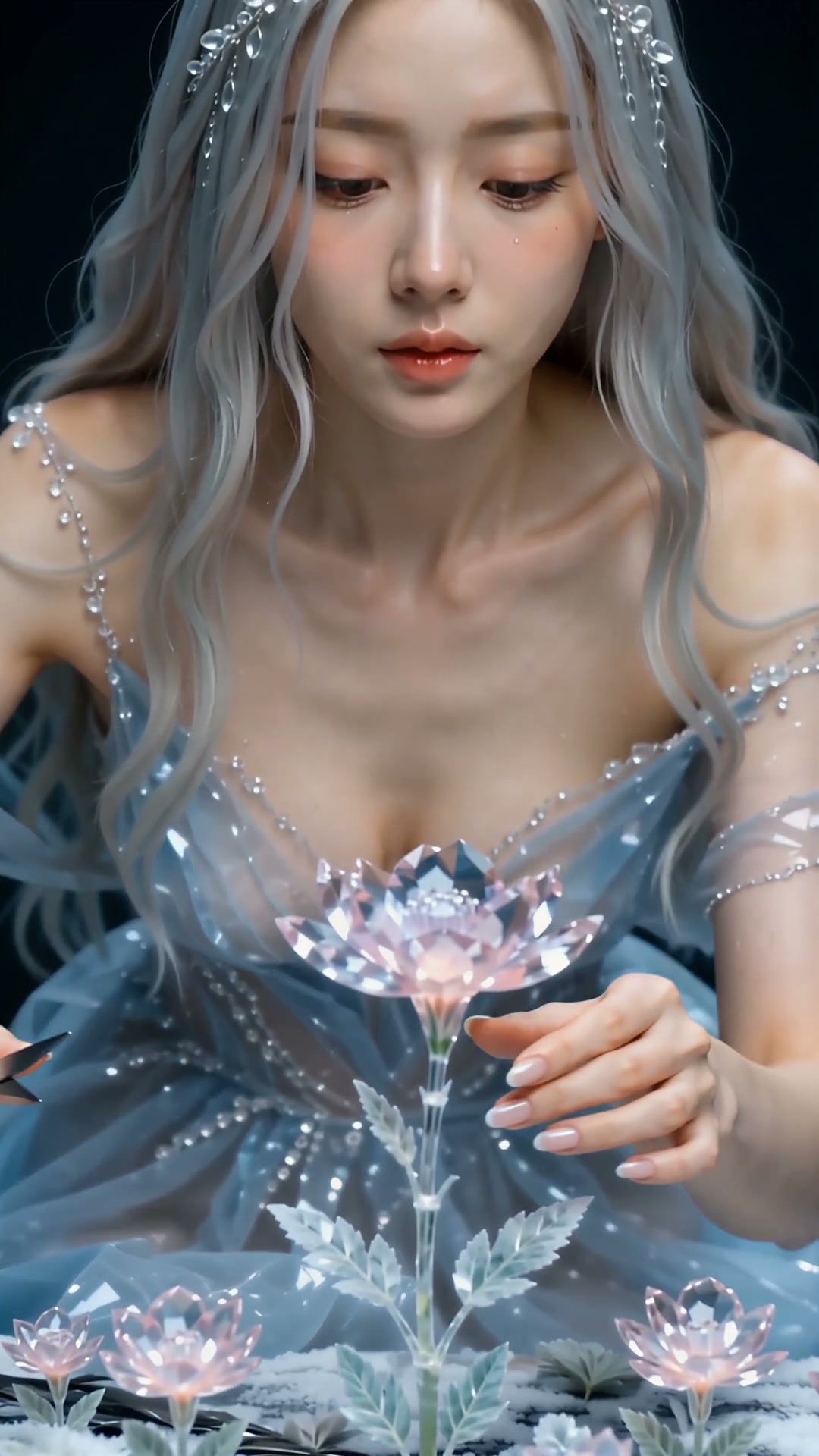 Young woman with silver-blue hair in a crystal-blue gown holding a faceted crystal flower centerp...