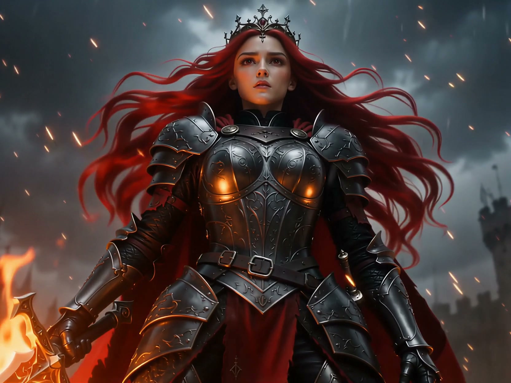 Fantasy female warrior queen with long red hair, engraved black armor, crown, holding a flaming s...