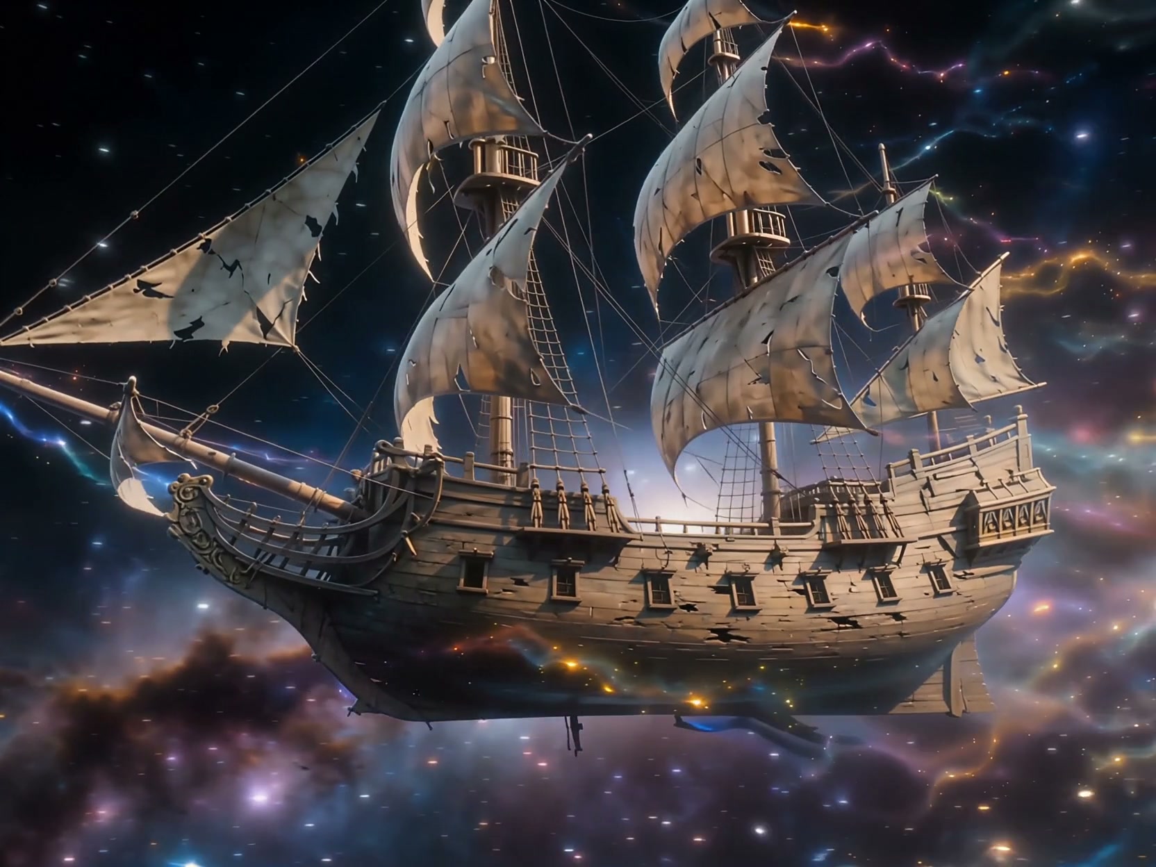 Weathered wooden tall sailing ship with tattered sails floating through a vibrant, star-filled de...