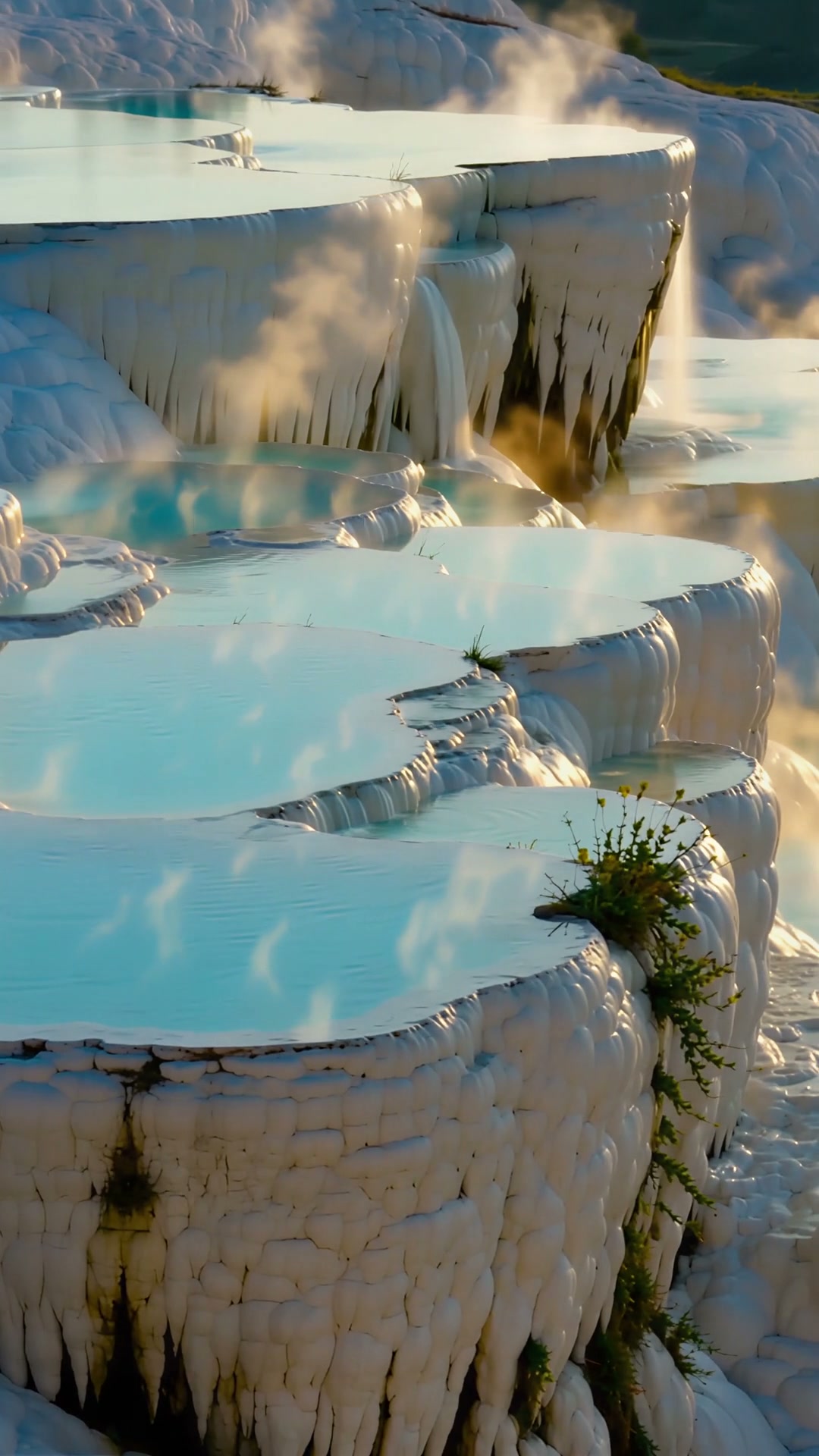 Steaming turquoise thermal pools fill white travertine terraces of Pam