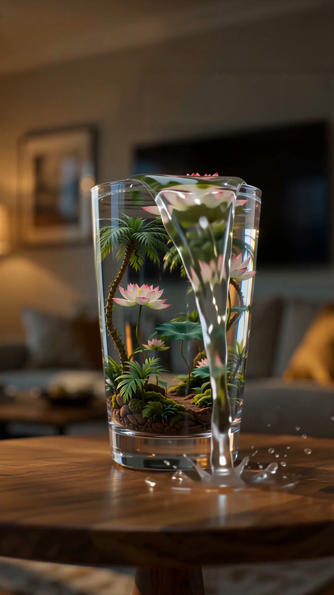 Surreal glass tumbler holding a tiny tropical landscape with palm trees and lotuses, water spilli...