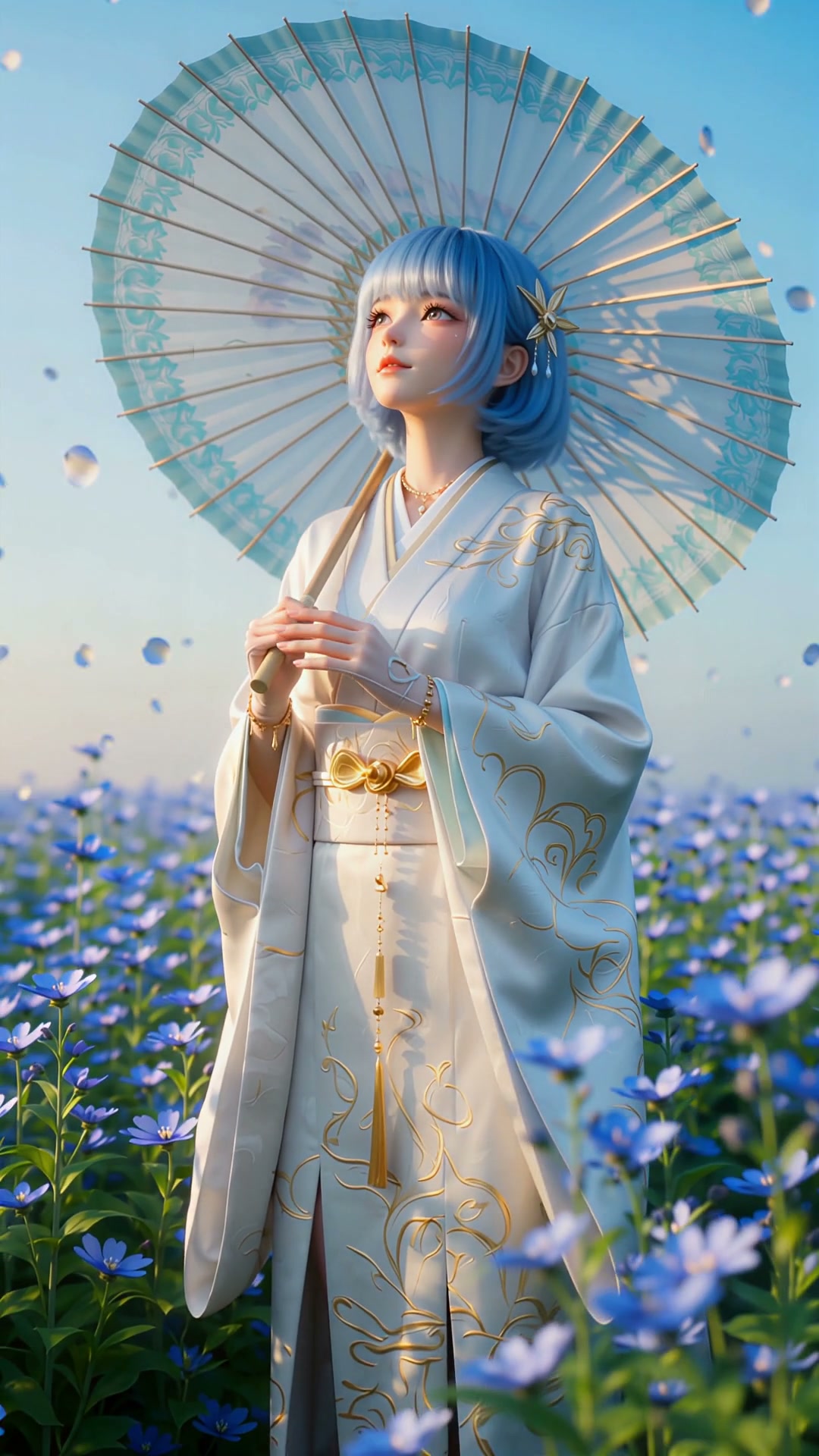 Anime-style blue-haired girl in a white gold-embroidered kimono holds a traditional Japanese umbr...