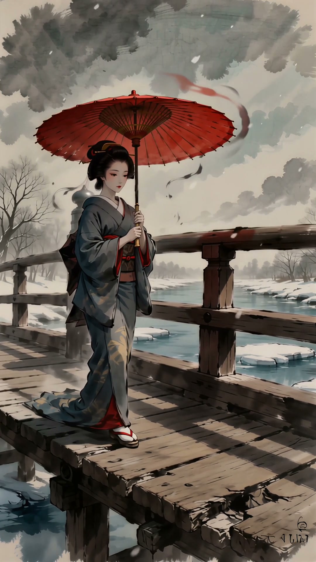 Elegant geisha holding red wagasa umbrella standing on a weathered wooden bridge over a snowy win...