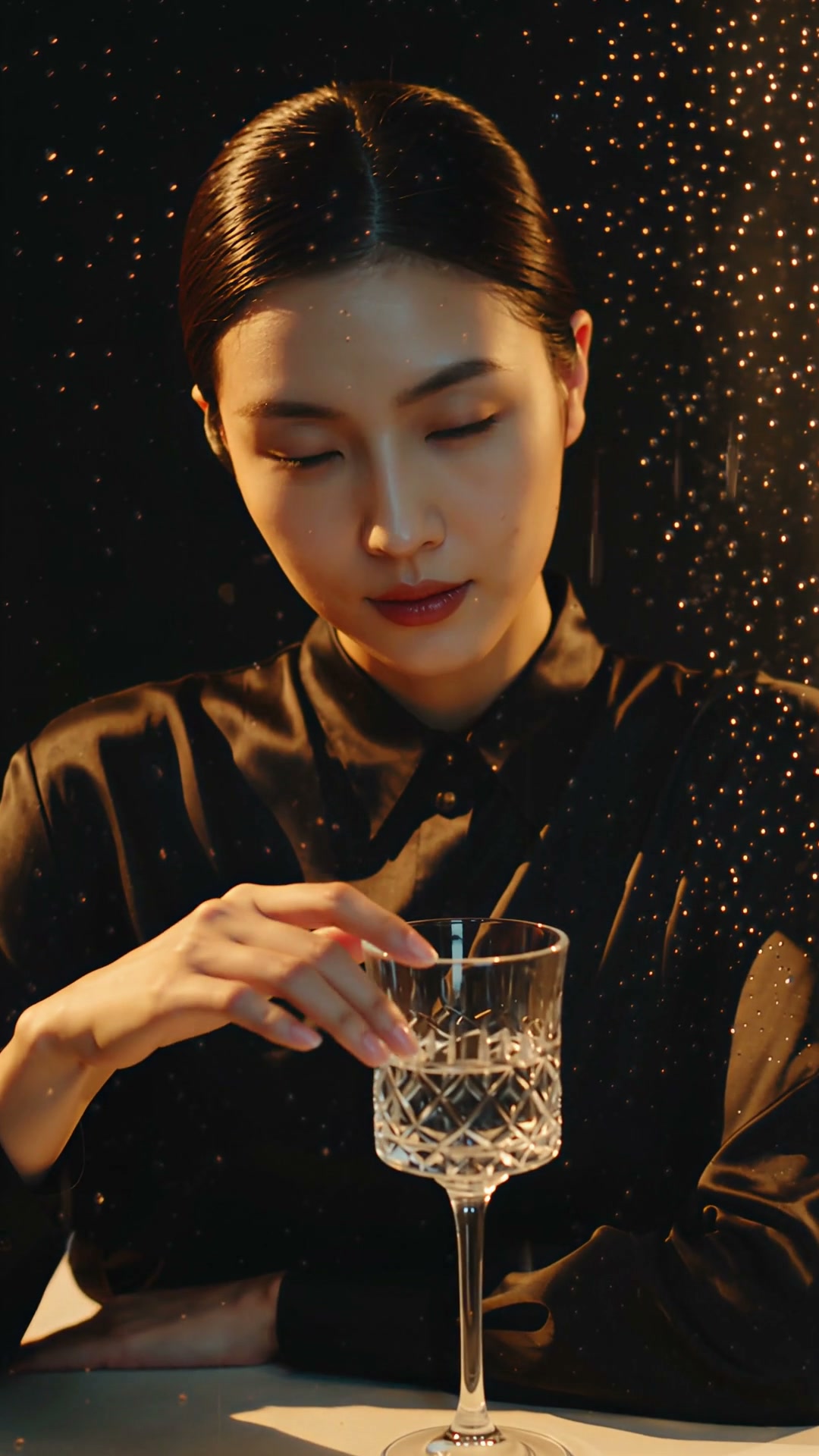 Elegant poised East Asian woman with sleek hair reaches for a cut crystal goblet in warm moody go...