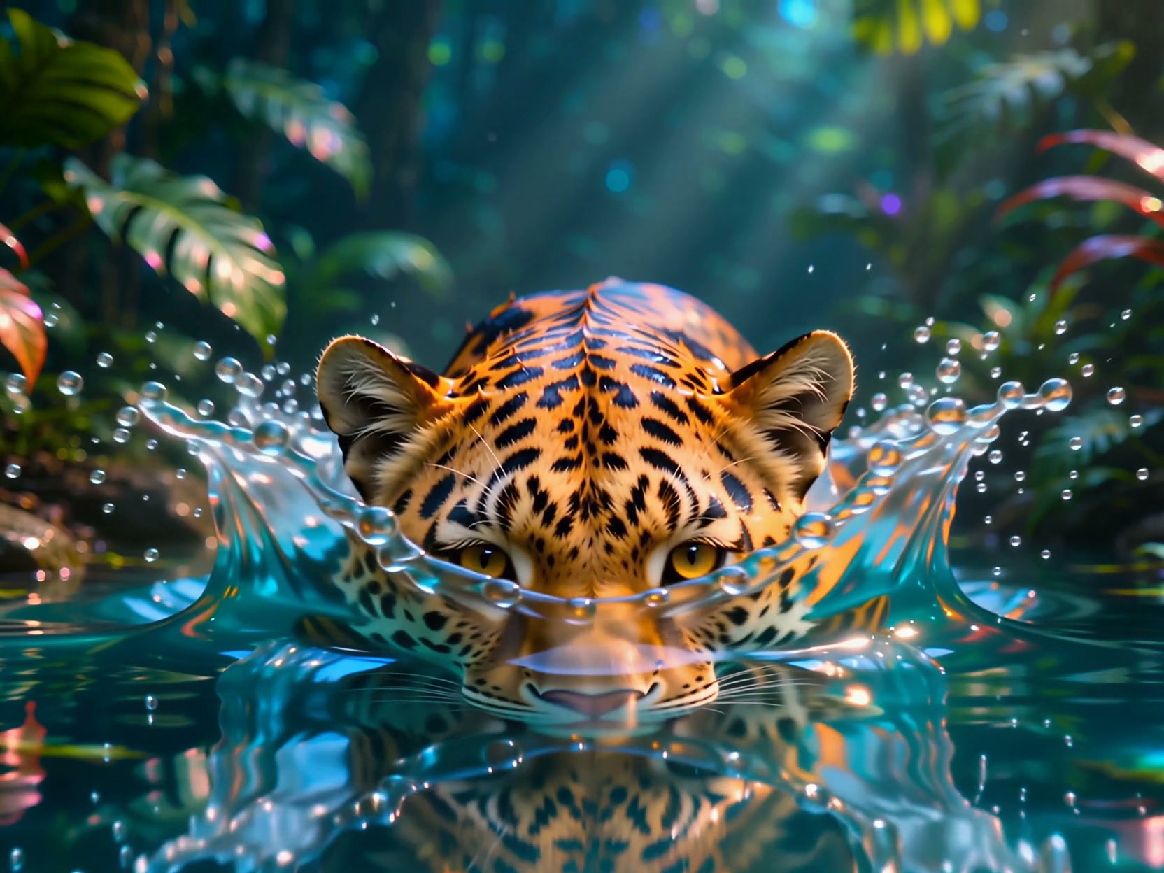 Jaguar emerging from splashing turquoise jungle water, intense golden eyes facing the viewer, sun...