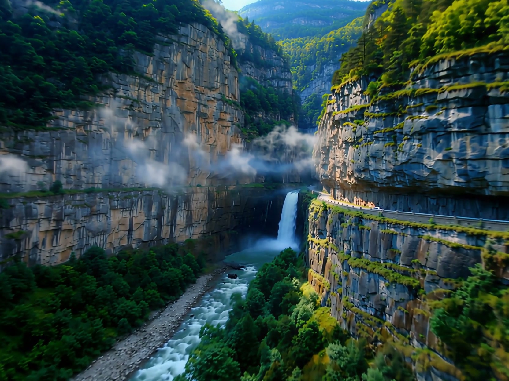 Misty deep canyon with steep layered cliffs, cascading waterfall, rushing river, cliffside road, ...