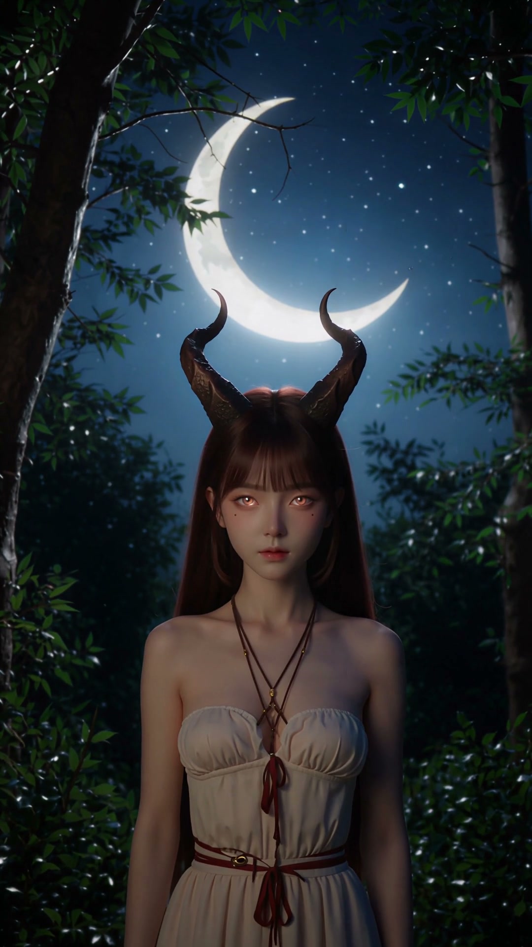 Young horned fantasy girl stands in a moonlit enchanted forest beneath a bright glowing crescent ...