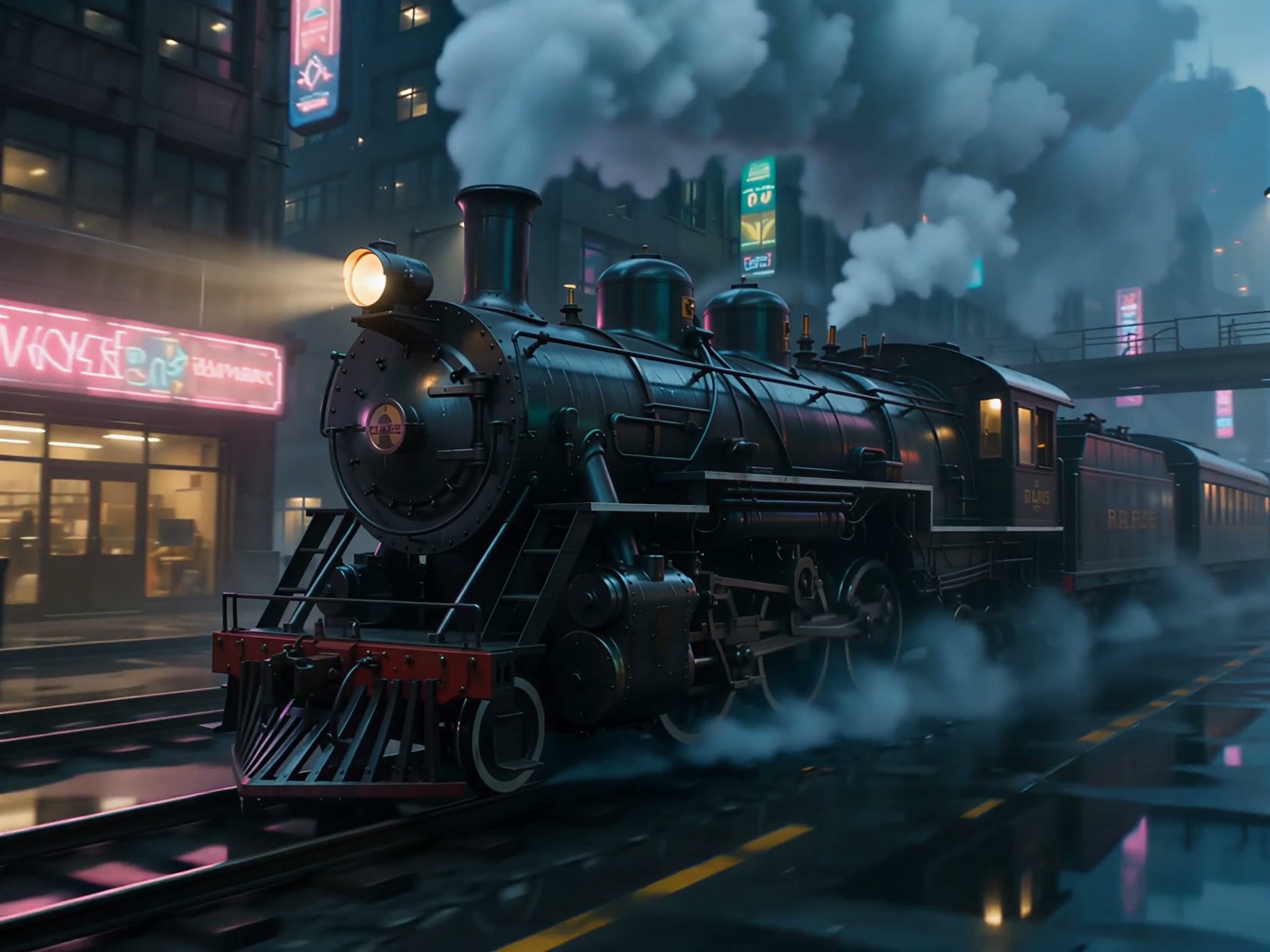 Vintage black steam locomotive billowing smoke sits on wet neon-lit urban railway tracks in a mis...