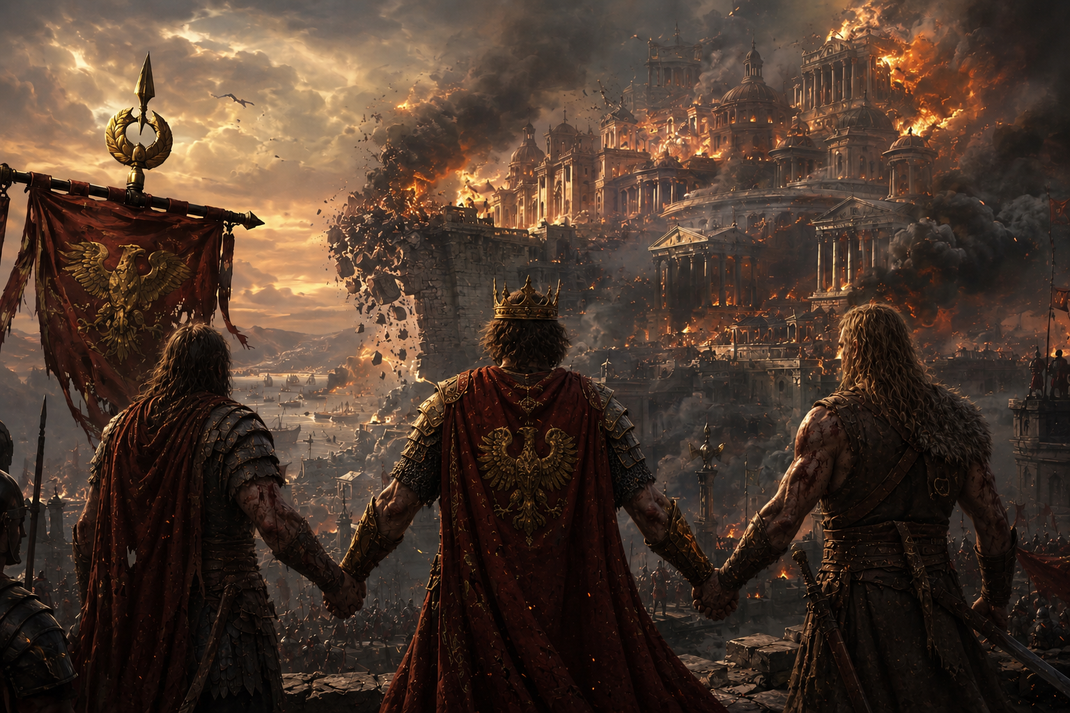 Three armored warriors hold hands, overlooking a burning ancient city and palatial ruins.