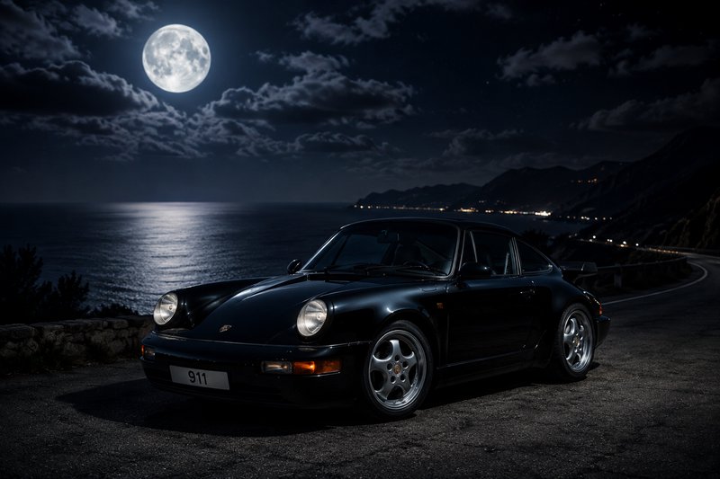 Black Porsche 911 parked on a moonlit coastal road with the sea and mountains in the background.