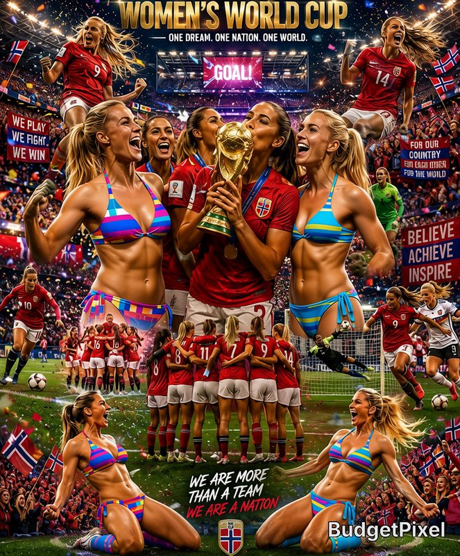 Collage of celebrating female soccer players around a trophy in a packed stadium with flags and b...