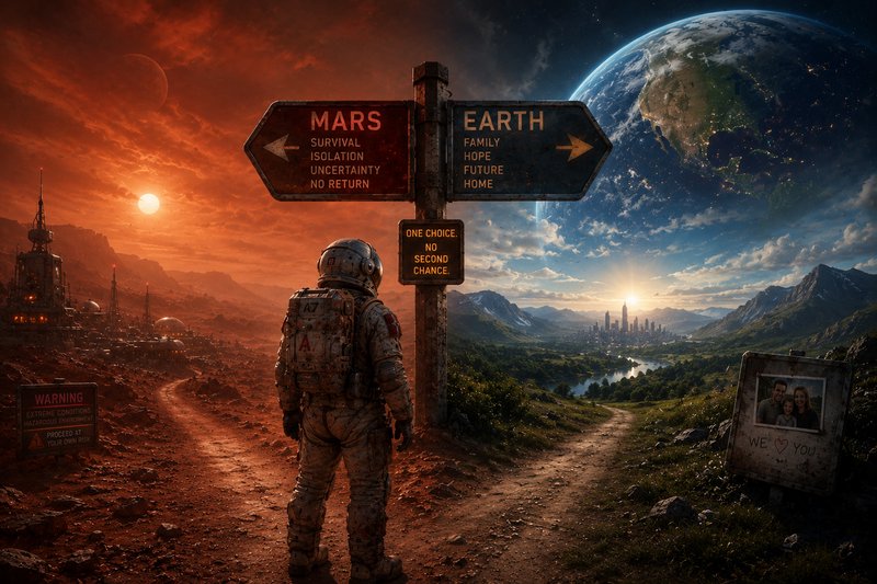 A suited astronaut stands at a split crossroads signpost between barren Mars and lush Earth, faci...