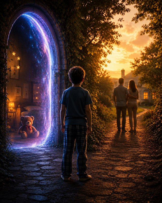 A young boy faces a glowing cosmic magical portal to his bedroom, as his parents walk away down a...