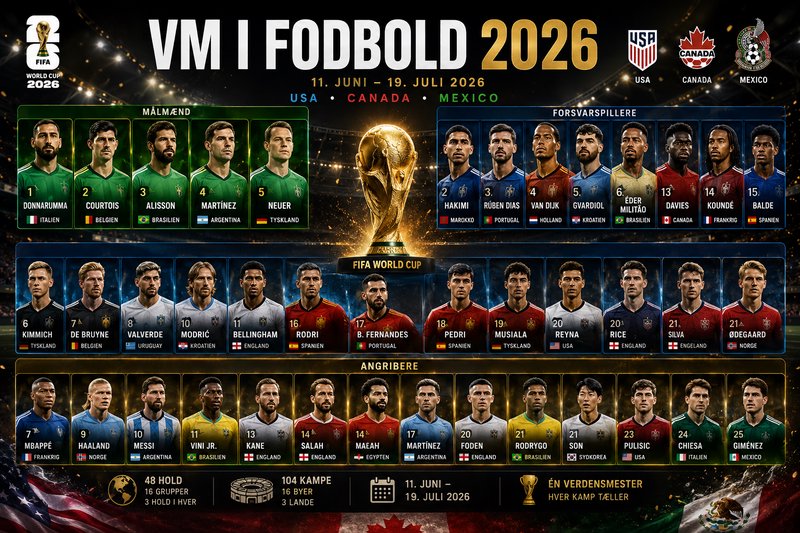 2026 FIFA World Cup (VM I Fodbold) infographic grouping top global football players by position, ...